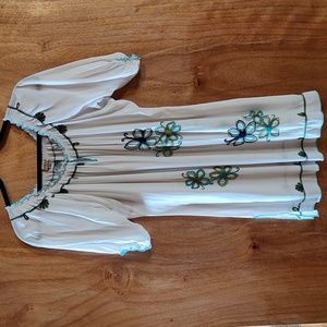 One World Boho Embroidered Peasant Blouse Floral White Blue Green Hippie Size L